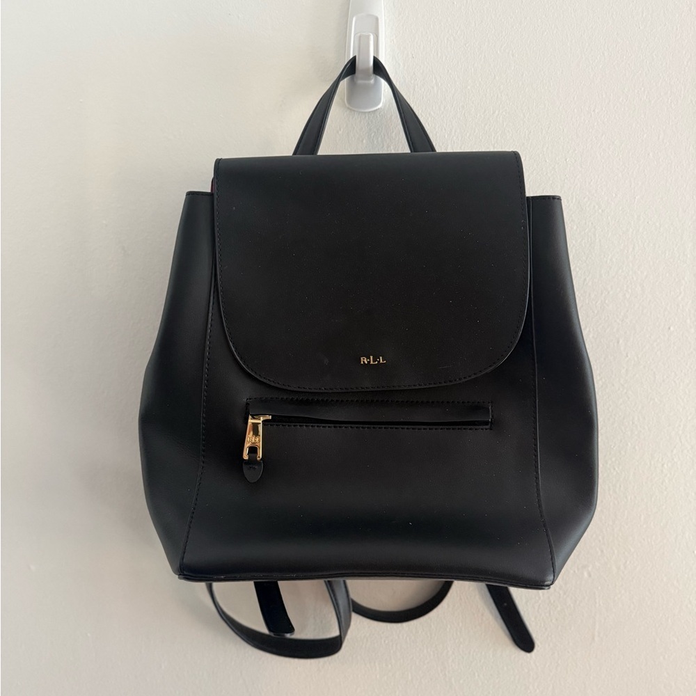 Lauren Ralph Lauren Dryden Black Leather Flap Backpack RLL Gold Logo Black NWOT - Picture 5 of 10